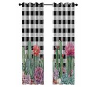 Summer Botanical Blackout Curtains for Bedroom Living Room, Tropical Saguaro Opuntia Green Cactus Black Plaid 96 In Long Thermal Insulated Room Darkening Drapes Grommet Window Treatments, 52 x 96 In