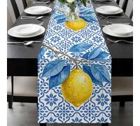 Summer Botanical Table Runner 13x60 Inches Long Watercolor Lemon Blue Traditional Ethic Texture Cotton Linen Table Runner Burlap Style for Dinner Table Party Decor Tabletop Decorations