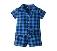 Summer Boys and Girls Plaid Lapel Short Sleeved Cotton Cardigan Pajamas Casual Children's Shorts Set Children's Home Wear Baby Stuff for Newborns (Blue, 2-3 Years)