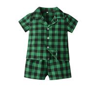 Summer Boys and Girls Plaid Lapel Short Sleeved Cotton Cardigan Pajamas Casual Children's Shorts Set Children's Home Wear Baby Stuff for Newborns (Green, 2-3 Years)