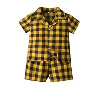 Summer Boys and Girls Plaid Lapel Short Sleeved Cotton Cardigan Pajamas Casual Children's Shorts Set Children's Home Wear Baby Stuff for Newborns (Yellow, 2-3 Years)