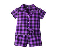 Summer Boys and Girls Plaid Lapel Short Sleeved Cotton Cardigan Pajamas Casual Children's Shorts Set Children's Home Wear Baby Stuff for Newborns (Purple, 2-3 Years)