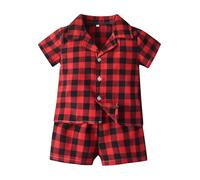 Summer Boys and Girls Plaid Lapel Short Sleeved Cotton Cardigan Pajamas Casual Children's Shorts Set Children's Home Wear Baby Stuff for Newborns (Red, 2-3 Years)