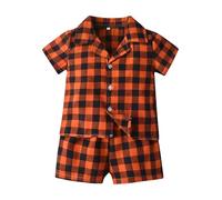 Summer Boys and Girls Plaid Lapel Short Sleeved Cotton Cardigan Pajamas Casual Children's Shorts Set Children's Home Wear Baby Stuff for Newborns (Orange, 2-3 Years)