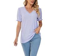 Summer Bubble Sleeve Blouse Top Women's Short Sleeve Tunic with Elegant Ruffle Processing Ruffled Viscose Shirt for Leisure and Office Comfortable V-Neck Shirt in Plain Design, purple, XXL