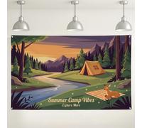 Summer Camp Aesthetic Backdrop, Rustic Nature Landscape Wall Decoration, Forest River Scene Background for Photography Events, Outdoor Summer Party Supplies 71x43 Inch