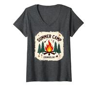 Summer Camp Counselor Adventure Campfire Forest V-Neck T-Shirt, Women, Dark Heather Grey, S