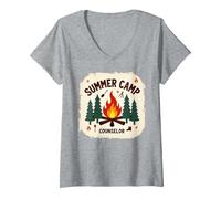 Summer Camp Counselor Adventure Campfire Forest V-Neck T-Shirt, Women, Heather Grey, M