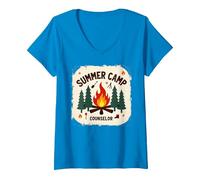 Summer Camp Counselor Adventure Campfire Forest V-Neck T-Shirt, Women, Sapphire, L