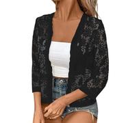 Summer Cardigan for Women UK Lightweight Soft Casual Cardigans Lace Cut Out Open Front Shrug 3/4 Sleeve Cropped Shrugs Shaw Jumper Womens Tops for Dress Summer Evening Wedding Size S-5XL