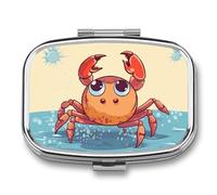 Summer Cartoon Crab Pill Box - 2 Compartment Travel Pill Organizer with Small Mirror, Portable Pillcase for Pocket & Purse, Cute Square Medicine Case, Weekly Medicine Container
