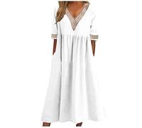 Summer Casual Dress for Petite Women, Elegant Lace Trim V-Neck Short Sleeve Midi Dresses, Modest Plus Size A-Line Cotton Linen Sundress My Orders Sale Clearance Order 2025 Trending White
