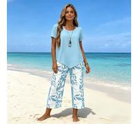 Summer Casual Lounge Sets for Women,Asymmetric Hem Top & Leaf Print Wide Leg Pants for Beach,Travel,Daily Wear