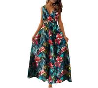 Summer Casual Maxi Dresses for Women, Bohemian Tropical Floral Printed Dress with Adjustable High Waist, V Neck Sleeveless Tie Waist Flowy Swing Beach Sundress Sale Clearance My Order