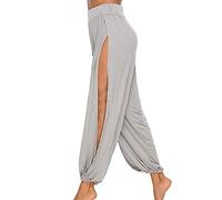 Summer Casual Stretchy Pants for Women Side Split Split Leg Hippie Harem Open Leg Holiday 2024 Relaxed Fit Ladies Lounge Pants Cotton Lightweight Dressy Palazzo Pants for Women Loose Grey