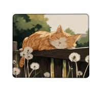 Summer Cat Design Mouse Pad, Orange Tabby Sleeping with Dandelions Non-Slip Washable Mousepad for Home and Office Computer, Laptop Square 8x10 Inch