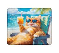 Summer Cat Relaxing Mouse Pad, Orange Ginger Tabby in Sunglasses Stitched Edge Mousepad, Rubber Non-Slip Washable Gaming Mouse Pad for Home and Office Computer, Laptop Square 8x10 Inch