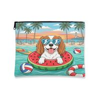 Summer Cavalier King Charles Spaniel Dog Beach Makeup Bag 7x9 Inch for Travel Purse, Coastal Beachy Swim Pattern Cosmetic Pouch for Women, Fun Portable Canvas Zipper Organizer