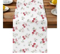 Summer Cherry Table Runner, Rustic Cute Red Pink Berry Fruit Bow Green Leaves Cotton and Table Linen Runner for Kitchen Dining Home Decor for Party Festival Holiday Decoration Gift 14x72in