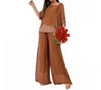 Summer Chiffon Sequined Casual Suit for Women, Elegant Crew Neck Short Sleeve Tops Wide-Leg Pants 2 Piece Set Trouser Suits for Ladies Wedding (Brown,3XL)