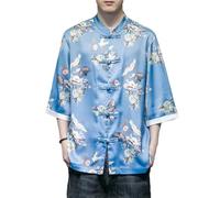 Summer Chinese Style Mens Ice Silk Tops Tang Suit Traditional Short Sleeve Loose Pattern Printing Shirt Sky Blue