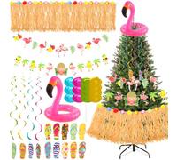 Summer Christmas Tree Decoration Sets Including Christmas July Tassel Grass Skirt Hawaiian Pineapple Floral Garland Flamingo Tree Topper Tropical Party Decor for Hawaiian Party Supplies