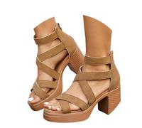 Summer Chunky Heel Strappy Sandals Open Toe Platform Sandals for Festive Occasion, brown, 9 UK