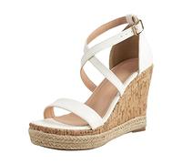 Summer Chunky Sandals for Women Slip On Sandals UK Spring Summer Women Platform Flat Shoes Ladies Outside Open Toe Ankle Wrap Rome Flat Black Wedge Wide Fit Ladies Sandles (White, 6)