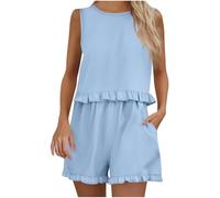 Summer Co Ord Sets for Women 2 Piece Outfits Cotton Linen Pj Set Ruffle Hm Vest Tops and Shorts Lightweight Loungewear Sets Yoga Lounge Set Two Piece Pajamas Outfits Homewear Sleepwear Sky Blue