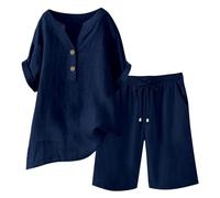 Summer Co Ord Sets for Women UK, 2 Piece Outfits Cotton Linen Set Ladies Oversized Tracksuit Short Sleeve Button Down Tops and Bermuda Shorts Outfit Going Out Beach Travel Loungewear Navy