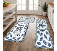 Summer Coastal Kitchen Mats for Floor, Nautical Starfish and Shell Pattern Soft Mats, Beach Cushioned Comfort Washable Decor Rugs for Kitchen Sinks Laundryroom Bathroom 3pcs