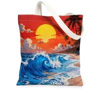 Summer Coastal Wave Canvas Tote Bag for Shopping 13 * 15 Inch, Tropical Beach Ocean Reusable Grocery Bag for Women, Beachy Sea Aesthetic Pattern Gift Decor