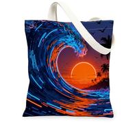 Summer Coastal Wave Canvas Tote Bag for Shopping 13 * 15, Neon Tropical Beach Ocean Reusable Grocery Bag for Women, Beachy Sea Aesthetic Painting Gift Decor