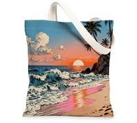 Summer Coastal Wave Canvas Tote Bag for Shopping 13x15, Vintage Beach Ocean Reusable Grocery Print Bag for Women, Beachy Tropical Aesthetic Painting Gift Decor