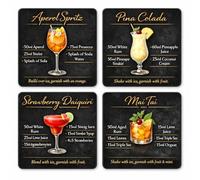 Summer Cocktail Recipe Coaster Set, 4 Classic Tropical Drinks with Recipes, Aperol Spritz Pina Colada Strawberry Daiquiri Mai Tai