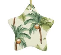 Summer Coconut Tree Christmas Ceramic Star Ornament with Hanging Cord, Double-Sided Print Hanging Decoration for Home & Tree