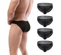 Summer Code Mens Bikini Briefs Soft Breathable Bulge Pouch Underwear Micro Mesh Panties Scrunch Butt Underpants, 4 Pack of Black, Large