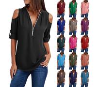 Summer Cold Shoulder T Shirt for Women UK Plus Size Ladies 3/4 Sleeve Zipper V Neck Chiffon Blouse Tops Elegant Business Casual Dressy Tunic Top Spring Fall Beach Resort Outfits Black