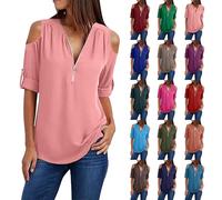 Summer Cold Shoulder T Shirt for Women UK Plus Size Ladies 3/4 Sleeve Zipper V Neck Chiffon Blouse Tops Elegant Business Casual Dressy Tunic Top Spring Fall Beach Resort Outfits Pink