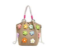 Summer Colored Flowers Decoration Knitted Handbag Fashionable Crochet Tote Bag 2026 New Versatile Vacation Beach Shopping Bag(Khaki)
