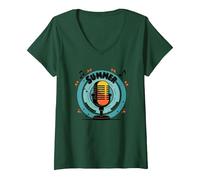 Summer Concert Series Retro Microphone Music Festival V-Neck T-Shirt, Women, Forest Green, XL