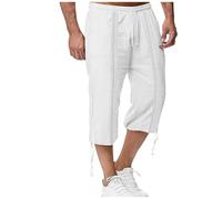Summer Cotton Linen 3/4 Length Shorts Men, Casual Loose Elastic Waist Long Shorts with Pockets and Drawstring for Men, Men's Breathable Lightweight Beach Short Mens Solid Color Tie Pant White