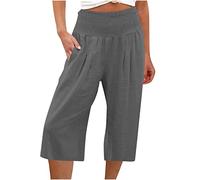 Summer Cotton Linen 3/4 Shorts for Women UK Elastic High Waist Drawstring Trousers with Pockets Breathe Wide Leg Loose Comfy Fit Palazzo Pants UK Size for Summer Hiking Holiday Gray