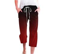 Summer Cotton Linen 3/4 Trousers for Women UK Elegant Gradient Colour Pants Elastic High Waist Drawstring Pants with Pockets Summer Beach Pants Breathe Fit Trousers for Holiday Outgoing Red