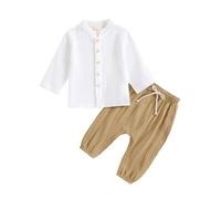 Summer Cotton Linen Baby Kids Clothes 2 Piece Set Long Sleeve Button down Plain Outfit Toddlers Casual Cute Y2k Sweatshirt Suit with Top and Elastic Waist Bottoms (Khaki, 6-12 Months)