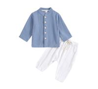Summer Cotton Linen Baby Kids Clothes 2 Piece Set Long Sleeve Button down Plain Outfit Toddlers Casual Cute Y2k Sweatshirt Suit with Top and Elastic Waist Bottoms (Blue, 12-18 Months)
