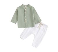 Summer Cotton Linen Baby Kids Clothes 2 Piece Set Long Sleeve Button down Plain Outfit Toddlers Casual Cute Y2k Sweatshirt Suit with Top and Elastic Waist Bottoms (Light Green, 12-18 Months)