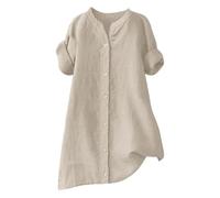 Summer Cotton Linen Blouse Plus Size Tunic Tops for Women UK Loose Rolled Long Sleeve Shirts V Neck Button Up Solid Color Longline Tops Casual Lightweight Dressy Shirts Oversized (A-Beige, XXL)