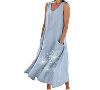 Summer Cotton Linen Dresses for Women UK Clearance 2025, Ladies Floral Printed Sleeveless Casual Loose Maxi Dress Beach Boho A Line Flowy Tshirt Sundress with Pockets Plus Size
