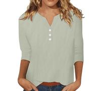 Summer Cotton Linen Shirt for Women UK Sale Clearance Cheesecloth Ladies Top Collarless Blouse Tunic Smart Casual Spring Autumn 3/4 Length Sleeve Notch V Neck Flattering Office Work Blouses